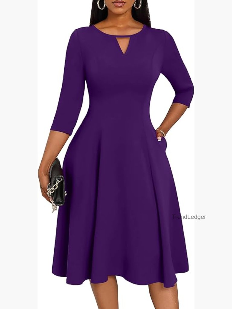 Midi Dresses For Women - Fit And Flare 3/4 Sleeve Keyhole Cocktail Church Work